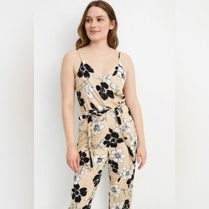 Dotti Black & Beige Floral Jumpsuit adjustable straps and zipper closure
